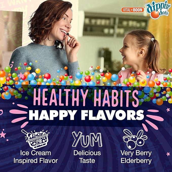 Dippin' Dots - Sambucus Elderberry + Vitamin C + Zinc Immune Support Gummies - Black Elderberry Gummies for Adults & Kids, Gelatin Free Gluten Free Immune Support Supplement for Women & Men (60 Count)