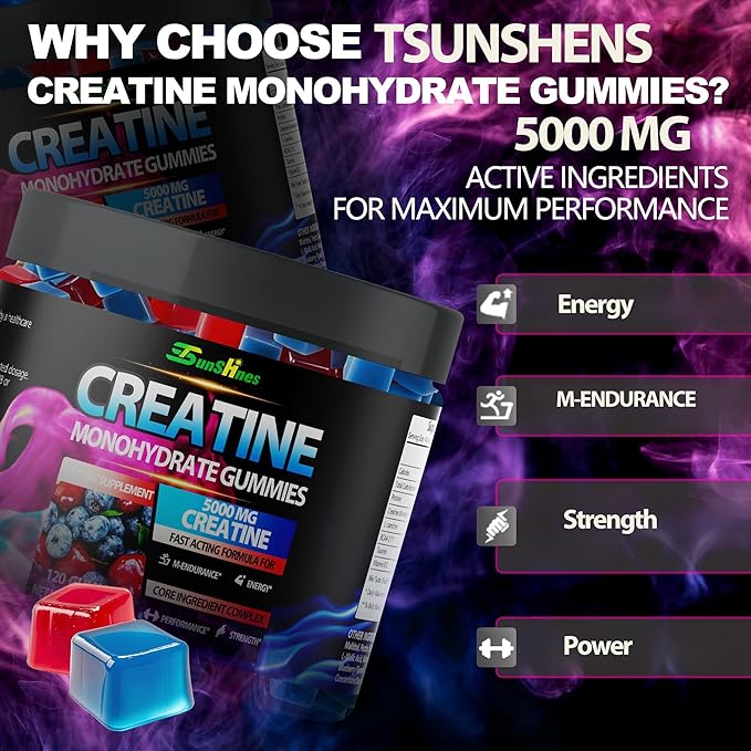 Creatine Monohydrate Gummies 5g (5000mg), Sugar-Free Creatine, Pre-Workout Energy, Veg, Non-GMO, for Men & Women - 90 Count Cherry Flavor