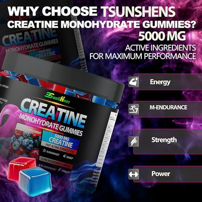 Creatine Monohydrate Gummies 5g (5000mg), Sugar-Free Creatine, Pre-Workout Energy, Veg, Non-GMO, for Men & Women - 120 Count Cherry Flavor with Blueberry Flavor