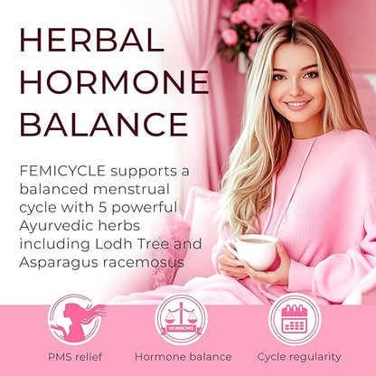 FEMICYCLE Herbal Supplement for Women – PMS, Hormonal & Menstrual Cycle Support – Lodh Tree, Ashoka, Asparagus, Licorice & Turmeric – Period Wellness Formula – 120 Vegan Capsules