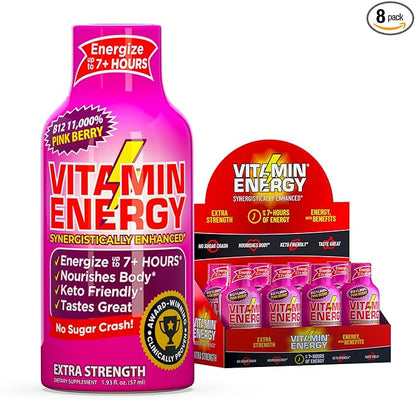 Vitamin Energy B12 11,000% Extra Strength Energy Shot Pink Berry 8 Pack, 260mg Natural Caffeine, B12 & B6, Nootropic Focus, Vitality, Zero Sugar, Gluten-Free, Vegan, Kosher, 1.93 fl oz