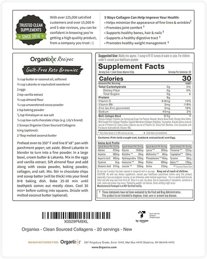 Organixx Clean Sourced Collagen Peptides Powder with Vitamin C, Types I, II, III, V, X Hydrolyzed Collagen, Hair, Nail, Skin, Bone & Joint Health, Aging Support, Gluten Free, Unflavored, 20 Servings