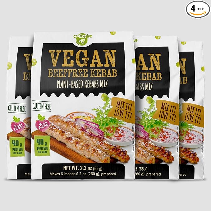 Creative Pea Beeffree Kebab Mix 4-Pack | Plant-Based Skewers | High-Protein Shelf-Stable Pea Protein | Just Add Water & Oil | Quick Vegan Meal Kit | Gluten-Free | 4 x 65g