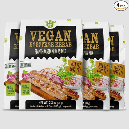 Creative Pea Beeffree Kebab Mix 4-Pack | Plant-Based Skewers | High-Protein Shelf-Stable Pea Protein | Just Add Water & Oil | Quick Vegan Meal Kit | Gluten-Free | 4 x 65g