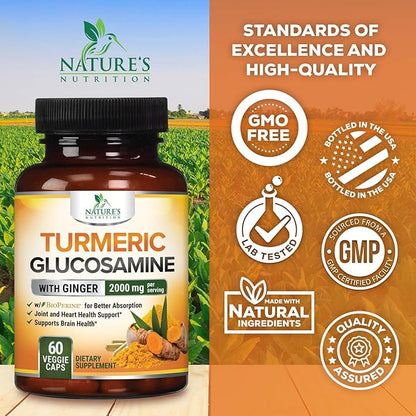Turmeric Curcumin Supplement - 95% Curcuminoids with Glucosamine, Ginger & MSM, BioPerine Black Pepper Extract for Best Absorption, Natural Vegan Joint Support, Non-GMO, Bottled in USA - 60 Capsules