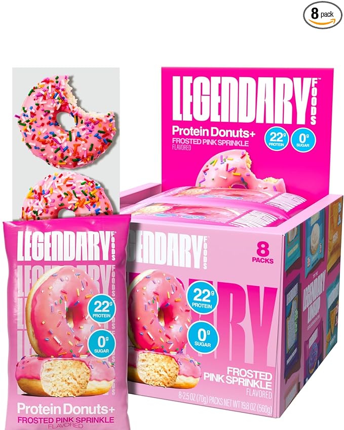 Legendary Foods Protein Donuts - 22g Protein, Pink Sprinkle, Zero Sugar Snack, Gluten Conscious, Low Carb, Keto Suitable, Diabetic and GLP-1 Diets - 8 Pack with Two Donuts per pack