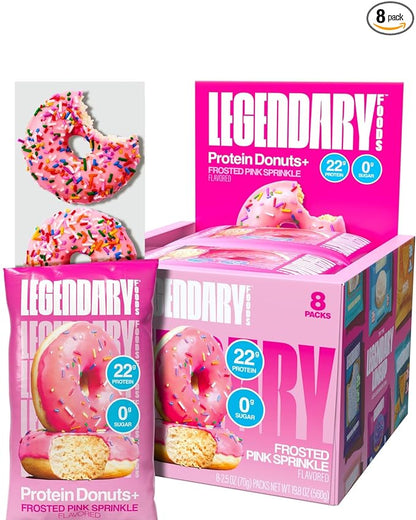 Legendary Foods Protein Donuts - 22g Protein, Pink Sprinkle, Zero Sugar Snack, Gluten Conscious, Low Carb, Keto Suitable, Diabetic and GLP-1 Diets - 8 Pack with Two Donuts per pack