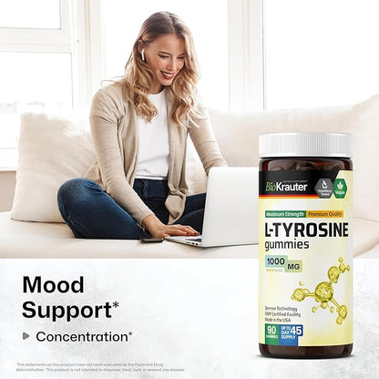 BIO KRAUTER® L Tyrosine for Mood and Cognitive Support - Supplements for Focus & Performance Support - L-tyrosine 1000 mg, 90 Mood Gummies, 45-Day Supply - Non-GMO, Mango Flavor