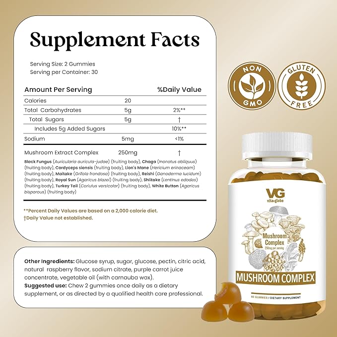 VITA GLOBE Mushroom Complex Gummies with Reishi, Lions Mane Mushrooms, Chaga, Cordyceps & More, Mushroom Supplement for Immune Defense, Energy & Brain Function Support, 250mg, 120 Count (Pack of 2)