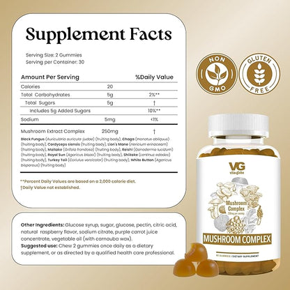 VITA GLOBE Mushroom Complex Gummies with Reishi, Lions Mane Mushrooms, Chaga, Cordyceps & More, Mushroom Supplement for Immune Defense, Energy & Brain Function Support, 250mg, 120 Count (Pack of 2)