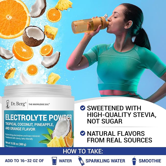 Dr. Berg Zero Sugar Hydration Keto Electrolyte Powder - Enhanced w/ 1000 mg of Potassium & Real Pink Himalayan Salt (NOT Table Salt) - Tropical Coconut, Pineapple & Orange Drink Supplement 50 Servings