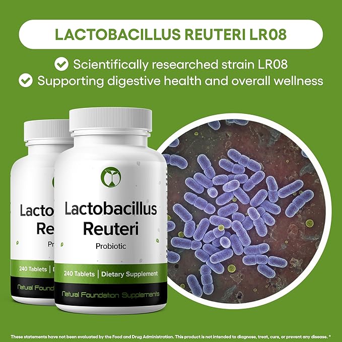 Natural Foundation Supplements Lactobacillus Reuteri Probiotic Supplement 240 Tablets 3 Billion CFU Probiotics for Men & Women Supports Intestinal Digestive & Gut Health (240, Lactobacillus Reuteri)