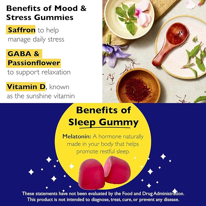 Bach Rescue Plus Sleep Gummies with 5mg Melatonin/dose [and] Bach Rescue Plus Mood & Stress Support Gummies with Key Nutrients and Botanicals - 2PK Dietary Supplements, 60Ct Each