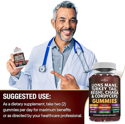 NEW AGE Mushroom Lion's Mane Supplement Gummies - Comprehensive Mushroom Supplement with Reishi, Cordyceps - 180 Count