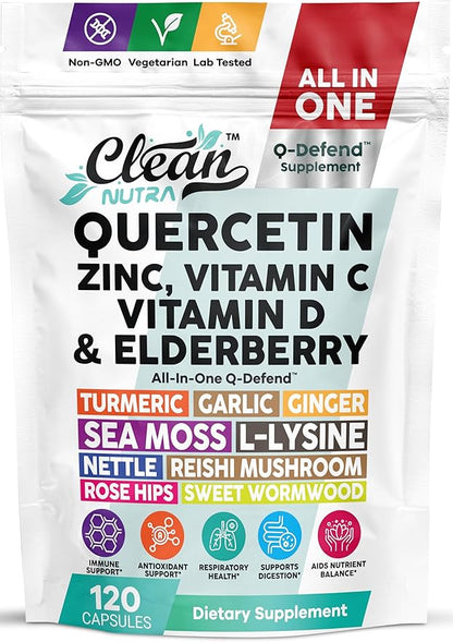 Q Defend Quercetin Supplement with Zinc Vitamin C Vitamin D Elderberry Turmeric Black Pepper Garlic Ginger Sea Moss Lysine Stinging Nettle Reishi Mushroom Immune Support 120 Capsules by Clean Nutra