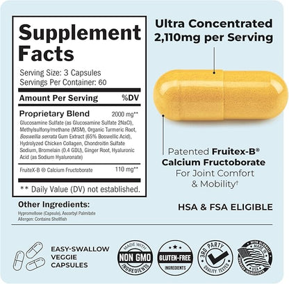 Glucosamine Chondroitin MSM Joint Support Supplement - Collagen Peptides, Turmeric and Ginger, Hyaluronic Acid, Glucosamine Chondroitin Sulfate for Joint Comfort - Gluten Free, Non GMO, 180 Capsules