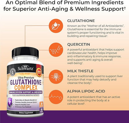 BioSchwartz Glutathione Supplement 500mg - Liver Detox with Quercetin, Vitamin C, Milk Thistle, Alpha Lipoic Acid - Immune Support Pill - Enhanced Immunity Defense Health Formula - 60 Capsules