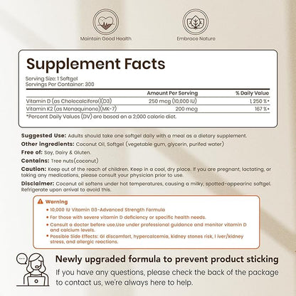 VEV Corefeel Vitamin D3 K2 10,000 IU, 200 mcg MK-7, 300 Coconut Oil Softgels, 2 in 1 Vitamins Supplement D & K (Include MK7), Easy to Swallow, Supports Calcium Absorption, Bone Health