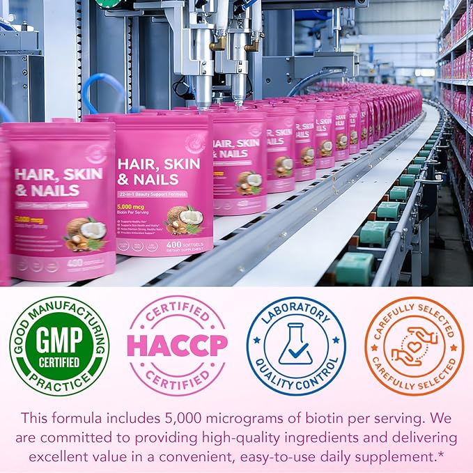 Hair Skin Nail Multivitamin & Biotin, 5000 mcg Biotin of Per Serving with Vitamin A/C/E/B Vitamins/Collagen/Keratin/Argan Oil for Hair/Nail Growth, Radiant Skin Support - for Women & Men|400 Pcs