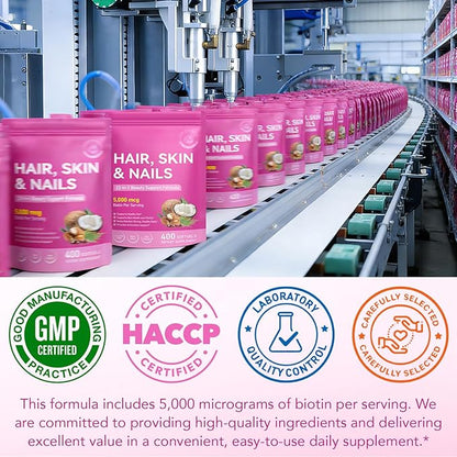 Hair Skin Nail Multivitamin & Biotin, 5000 mcg Biotin of Per Serving with Vitamin A/C/E/B Vitamins/Collagen/Keratin/Argan Oil for Hair/Nail Growth, Radiant Skin Support - for Women & Men|400 Pcs