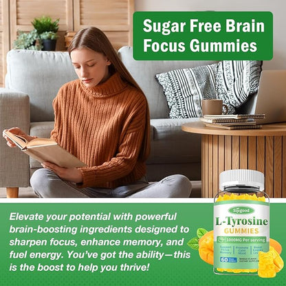 L-Tyrosine Gummies for Adults and Kids - L-Tyrosine Supplement Focus Gummies for Brain, Mood, Energy Support, Vegan & Gluten-Free, Mango Flavor, 120 Count