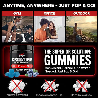 Creatine Monohydrate Gummies 5000mg for Women & Men, NSF Certified, Sugar Free, Vegan, 120 Count, Pre Workout Muscle Strength & Recovery Supplement