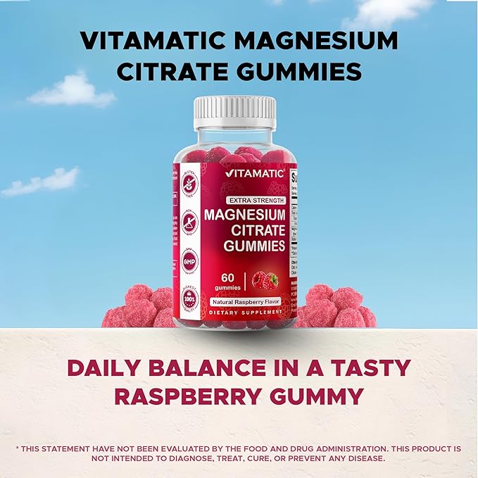 Vitamatic Extra Strength Magnesium Gummies – 255 mg Elemental Magnesium per Serving – 60 Gummies (2-Pack) Supports Relaxation, Muscle Function, Bone Health & Energy – Vegan, Non-GMO, Gluten-Free