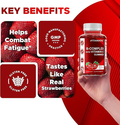 Vitamatic Vitamin B Complex Gummies with Vitamin C & Inositol - Natural Strawberry Flavor - 60 Gummies (3 Bottles)