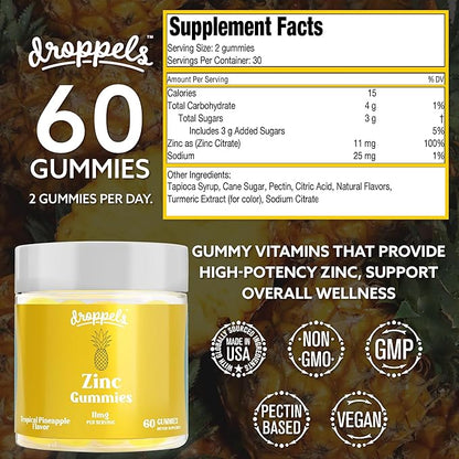 Droppels Zinc Citrate Gummies 11mg – Immune Support & Skin Health Supplement | Vegan, Plant-Based, Gluten Free, Gelatin Free, Non-GMO | Tropical Pineapple Chewable Zinc for Adults, 60 Count