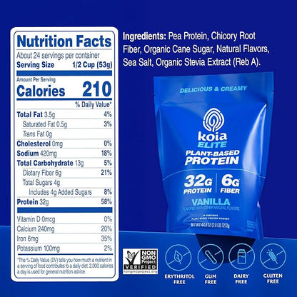 Koia Plant Based Protein Elite Powder, Vanilla, 32g Protein, 4g Sugar, 6g Prebiotic Fiber, Pre & Post Workout, 21 Vitamins & Minerals, Dairy-Free, Gluten-Free, Non-GMO, 24 Servings, 44.8 Oz