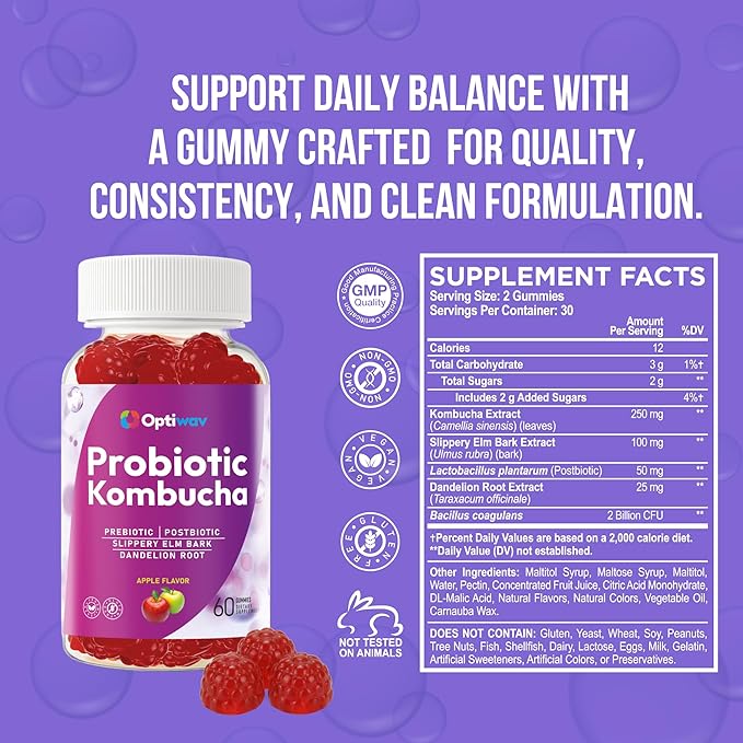 Probiotic Kombucha Gummies for Women Men - Probiotic Prebiotic Probiotic Blend with Slippery Elm Bark Dandelion Root for Gut Health Bloating Metabolism Support - Vegan Gluten-Free Apple Flavor