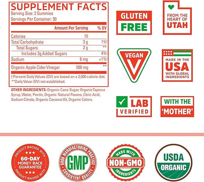 Zhou Apple Cider Vinegar Gummies - ACV Gummies for Women and Men with Elderberry, Delicious Taste with Raw Cane Sugar, USDA Organic - 60 Vegan Gummies