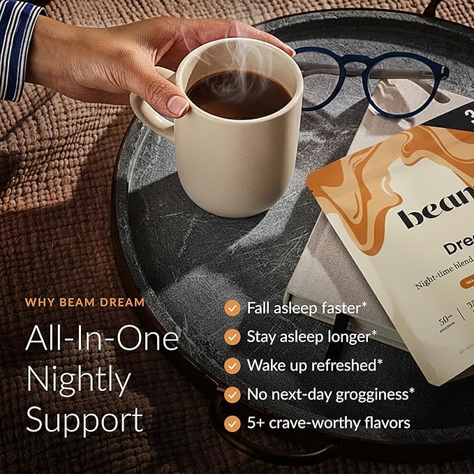 Beam Dream Sleep Powder – Sleep Aid for Adults with Melatonin, Magnesium, L-Theanine, Reishi Mushroom & Apigenin Sleep Supplement, Sleepy Cocoa Bedtime Drink Mix, Sea Salt Caramel Flavor, 30 Servings