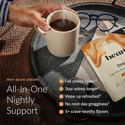 Beam Dream Sleep Powder – Sleep Aid for Adults with Melatonin, Magnesium, L-Theanine, Reishi Mushroom & Apigenin Sleep Supplement, Sleepy Cocoa Bedtime Drink Mix, Sea Salt Caramel Flavor, 30 Servings