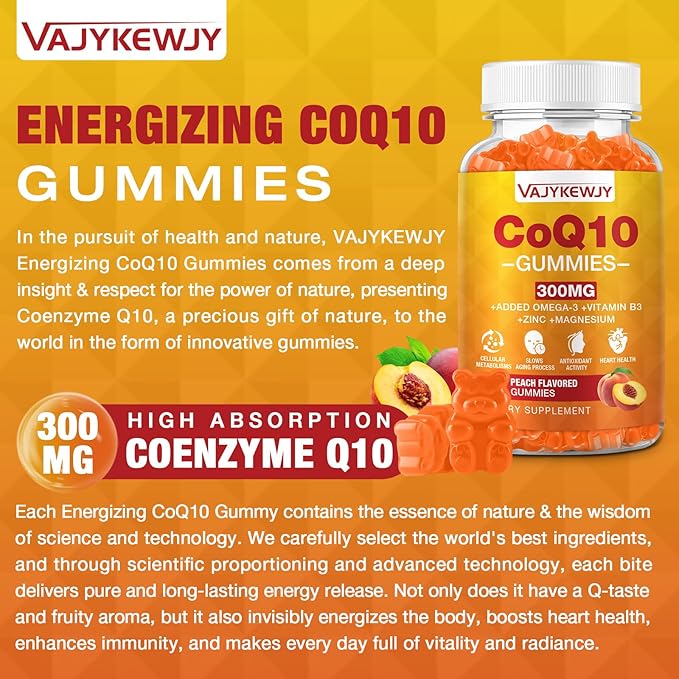 2 Pack CoQ10 Gummies 3000 mg - Plus Omega-3, Vitamin B3 & Zinc, High Absorption Coenzyme Q10 Supplements for Cellular Energy & Antioxidant Support, Vegan 120 Count