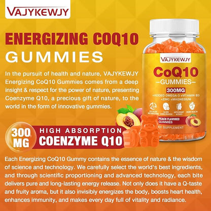 2 Pack CoQ10 Gummies 3000 mg - Plus Omega-3, Vitamin B3 & Zinc, High Absorption Coenzyme Q10 Supplements for Cellular Energy & Antioxidant Support, Vegan 120 Count