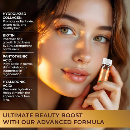 Liquid Collagen Peptides with Biotin & Hyaluronic Acid - 3000mg Hydrolyzed Bovine Collagen Type 1 and 3, Biotin 10000mcg, Vitamins B5, B6, C & E - Liquid Collagen for Women and Men, Collagen Shots