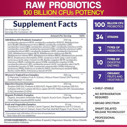 Wholesome Wellness Dr. Formulated Raw Probiotics for Women 100 Billion CFUs Capsules with Prebiotics, Digestive Enzymes, Approved for Adults, Shelf Stable Supplement