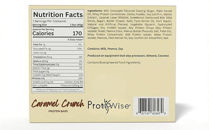 ProtiWise Caramel Crunch High Protein Snack Bars – On-The-Go Protein Snack, 15g Protein, 170 Calories – Gluten-Free – Caramel Chocolate Crunch Flavor – 7 Count Box