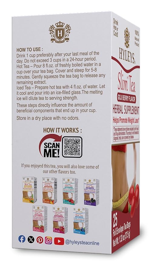 Hyleys Slim Tea Goji Berry Flavor - Weight Loss Herbal Supplement Cleanse and Detox - 25 Tea Bags (6 Pack)