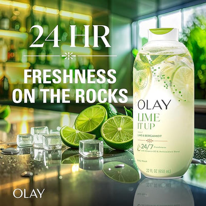Olay Body Wash for Women, 24/7 Skin-Loving Freshness, Miami Mocktails, Plant Based Cleansers, Vitamin B3 & Antioxidant Blend, For All Skin Types, Lime It Up with Lime & Bergamot Scent, 22 fl oz