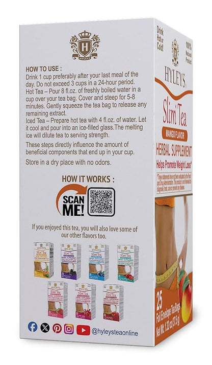 Hyleys Slim Tea Mango Flavor - Weight Loss Herbal Supplement Cleanse and Detox - 25 Tea Bags (6 Pack)