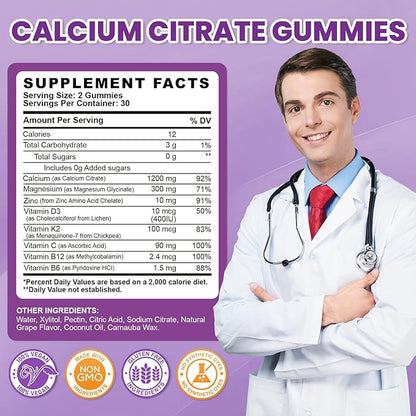 Calcium Citrate Gummies - 1200mg Calcium Gummies Supplements for Women & Men with Vitamin D3, K2, Magnesium, Zinc High Absorption for Bone, Muscle & Immune Support, Grape Flavor, 60 Count