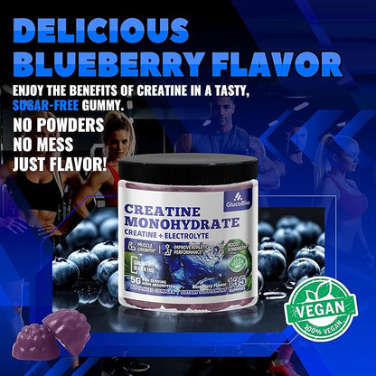 Creatine Monohydrate Gummies (5g) – Pre-Workout Energy & Muscle Growth Support for Men & Women | Blueberry Electrolyte Gummies (135 Count)