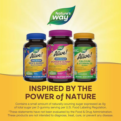 Nature’s Way Alive! Zero Sugar Women's Gummy Multivitamins, Energy Metabolism*, Hair, Skin, Nails*, B-Vitamins, No Sugar Alcohols, Plant-Based Sweeteners, Strawberry Flavored, 80 Gummies