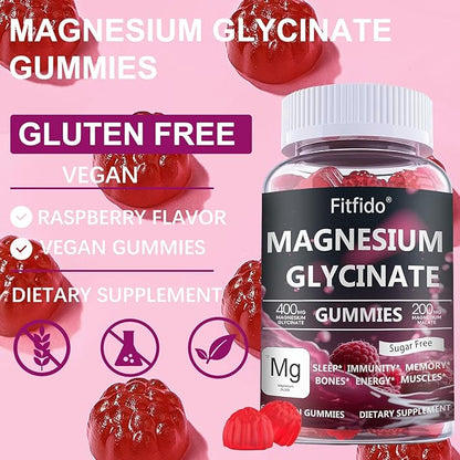 Magnesium Glycinate Gummies 400mg, Chewable Sugar Free Magnesium Supplement with Magnesium Glycinate, Magnesium Malate and Protein for Sleep, Relaxation, Brain & Muscle - Vegan (60 Count, Raspberry)
