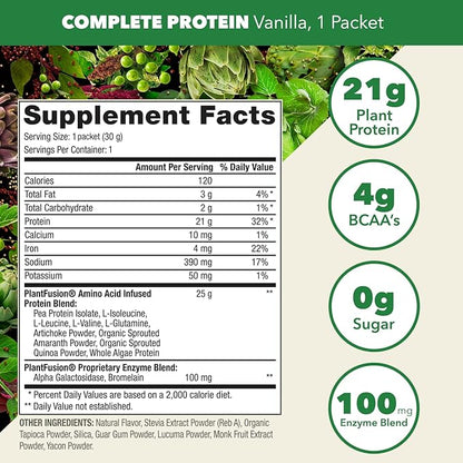 PlantFusion Complete Vegan Protein Powder - Plant Based Protein Powder With BCAAs, Digestive Enzymes and Pea Protein - Keto, Gluten Free, Soy Free, Non-Dairy, No Sugar, Non-GMO - Vanilla Pack of 12