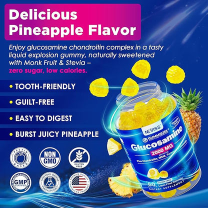 Sugar Free Glucosamine Chondroitin MSM Gummies - Max Strength Mobility Supplement for Women & Men w/ Glucosamine Sulfate 2000mg, Boswellia, Curcumin & Hyaluronic Acid - Flexibility Support - 60Cts