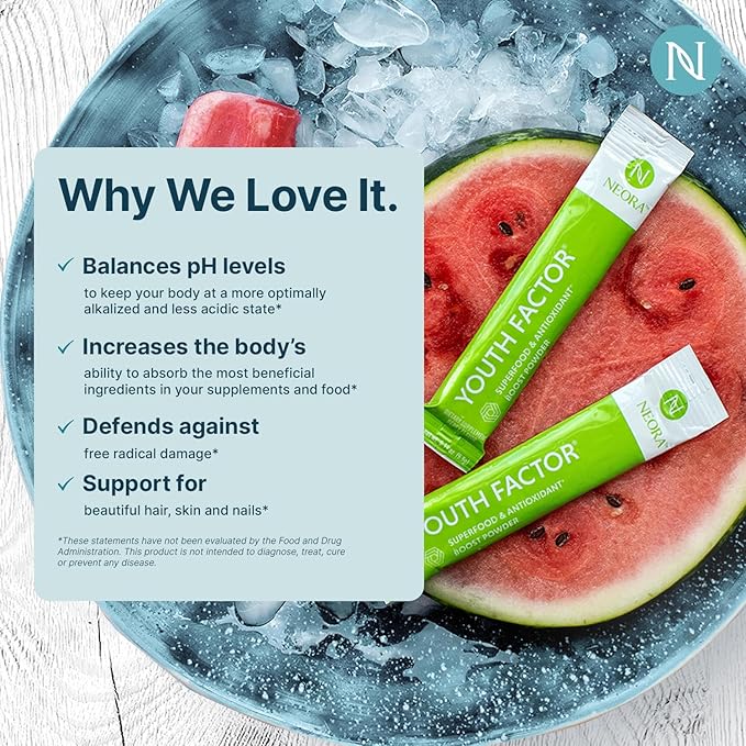 NEORA Youth Factor - Superfood Boost Powder - pH Balance, Hair Skin Nails Support, Fruits & Veggies Equivalent, Nutrient Absorption - 30 Packets