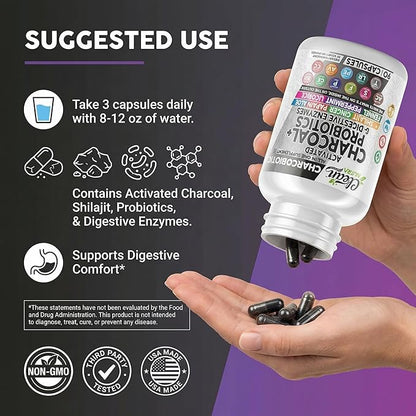 Activated Charcoal Pills for Gas Relief and Debloat, CharcoBiotic with Probiotics Digestive Enzymes Shilajit Peppermint Fennel Ginger Turmeric Licorice Root Aloe Vera Ceylon Cinnamon, Clean Nutra 90ct